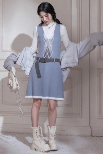 Mist Blue Diamond Plaid Vest Dress