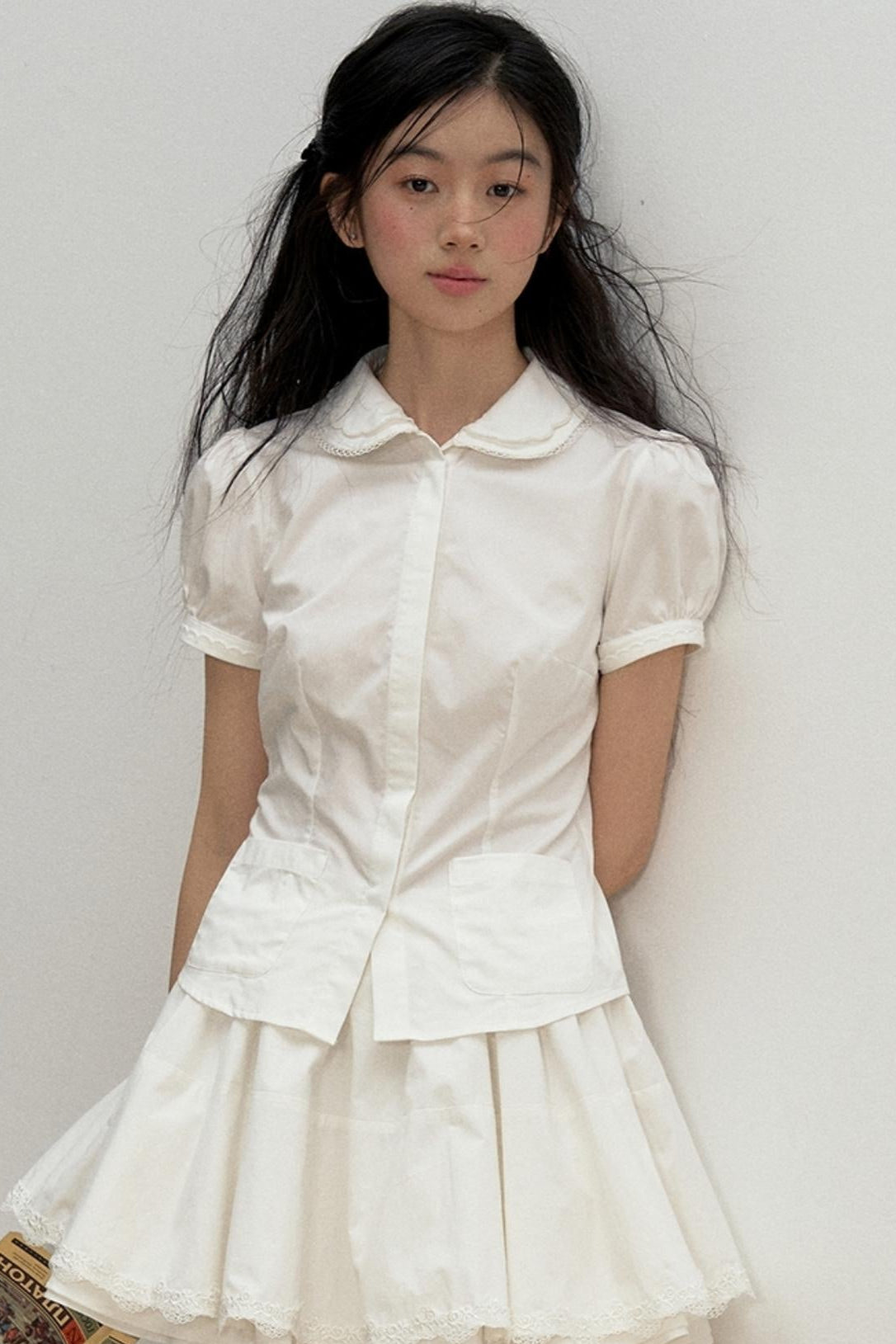 Lace-Collared Cotton Blouse Set-Up