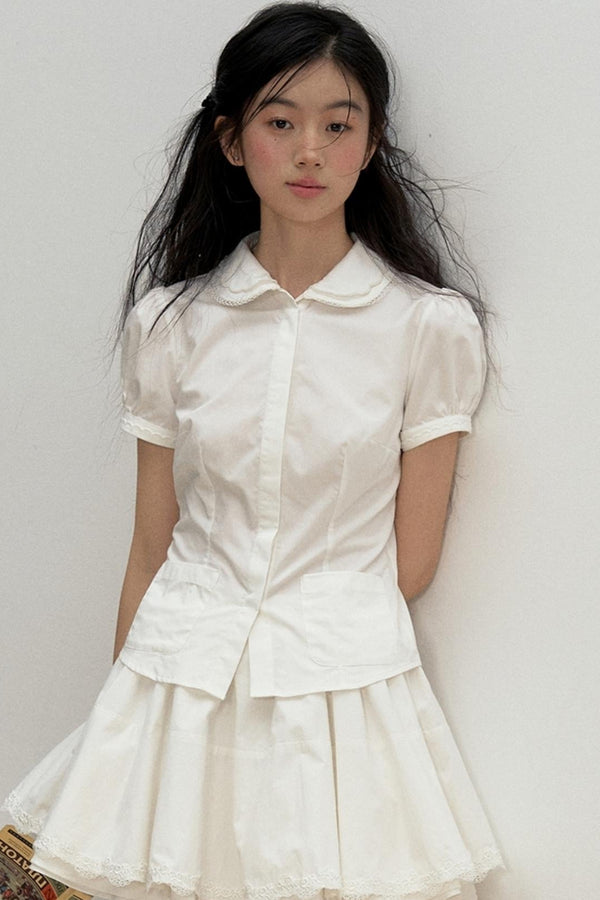 Lace-Collared Cotton Blouse Set-Up