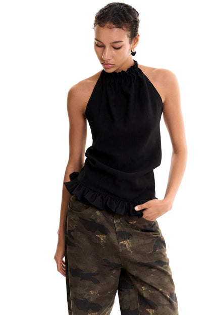 Wool Halterneck Ruffle Camisole Top