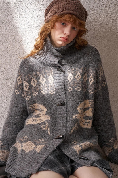 Bird Horn Buckle Loose Warm Cardigan