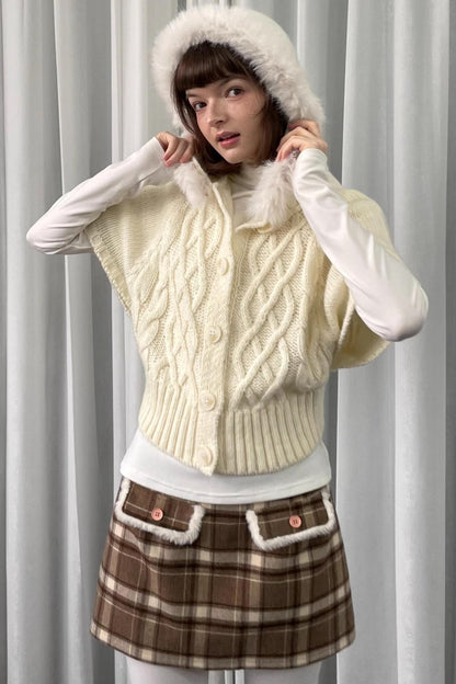 Off-White Fur Collar Knit Sweater Jacket