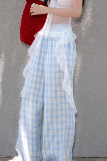 Blue Lace-Trimmed Wide-Leg Pants