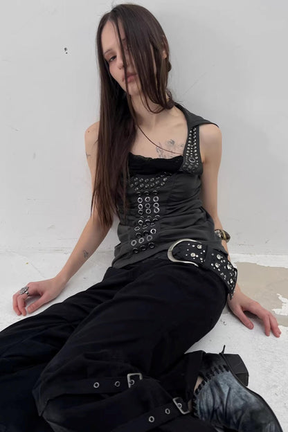 Metal Rivet Pleated Racerback Top