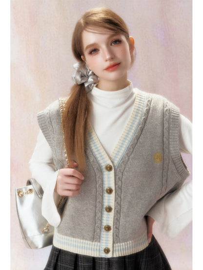 Embroidered V-Neck Knit Jacquard Vest Cardigan