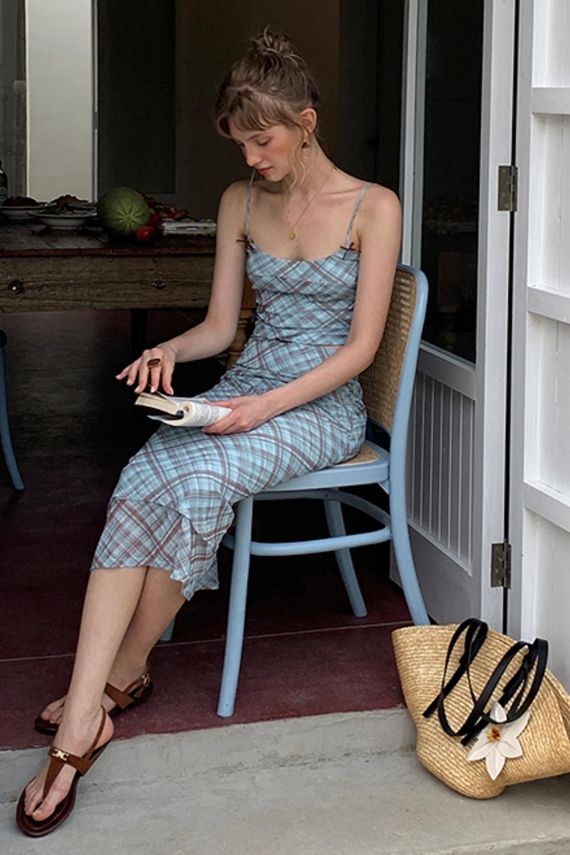 Vintage Checked Camisole Maxi Skirt Set-Up