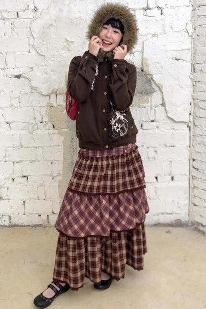 Dark Brown Hooded Jacket Skirt Set-Up