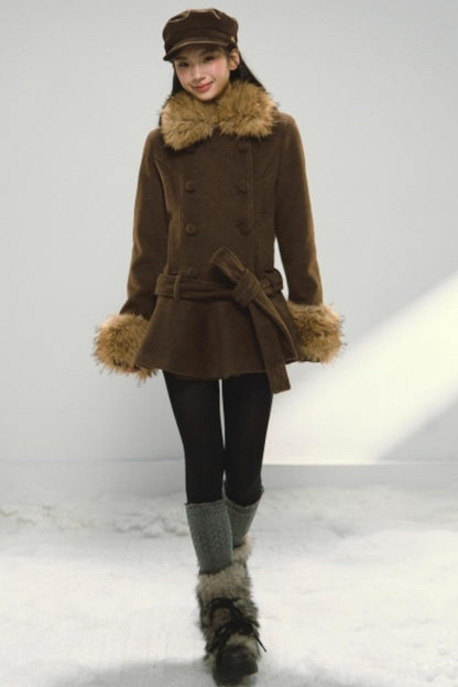 Khaki Ruffled Woolen Coat
