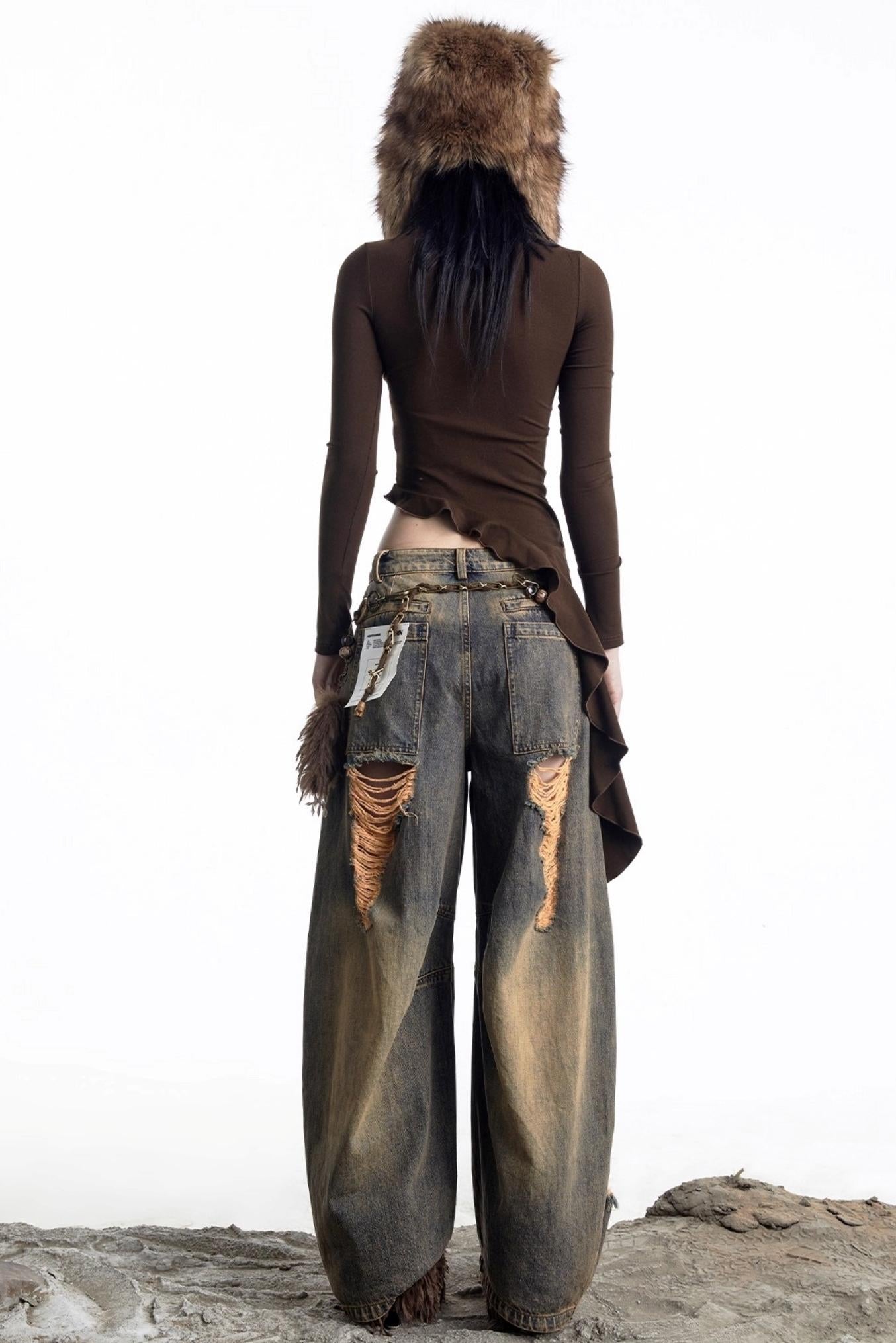 Openwork Rivet Ruffled Knit Top