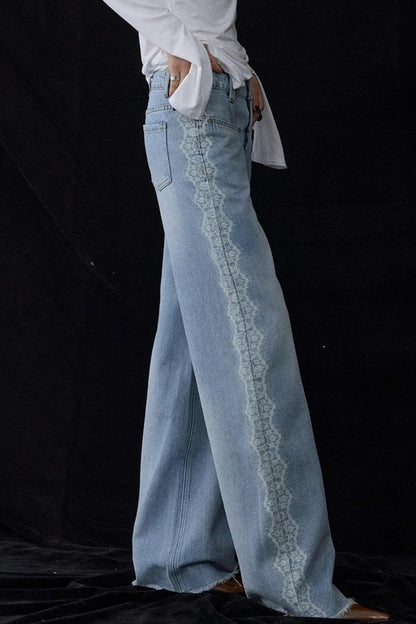 Lace Raw Hem Straight Jeans