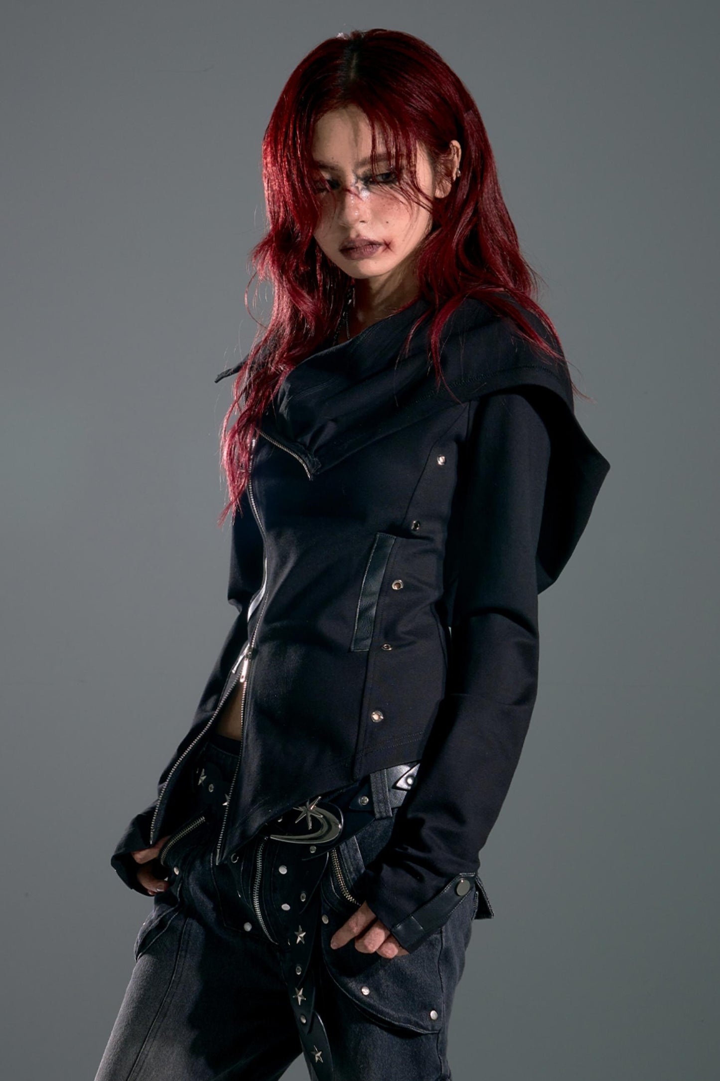 Hooded Asymmetrical Zip Knit Top