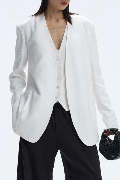 White Collarless V-Neck Loose Suit Set-Up