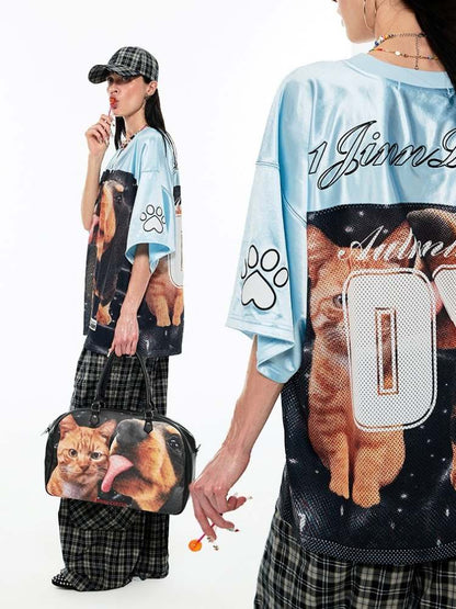 Dog & Cat Print Oversized V-Neck T-Shirt