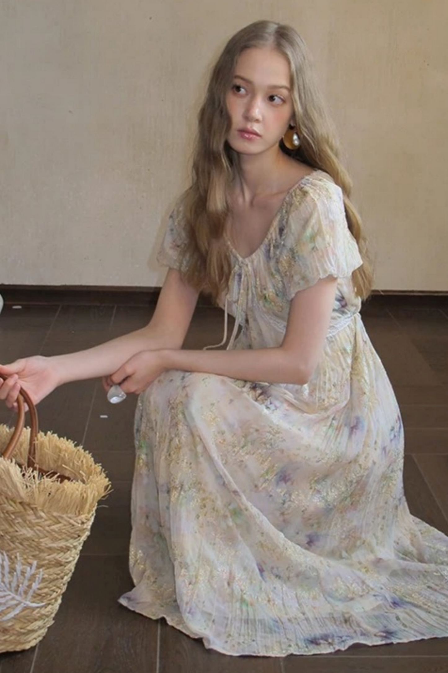 Embroidery Pleated Puff Sleeve Dress