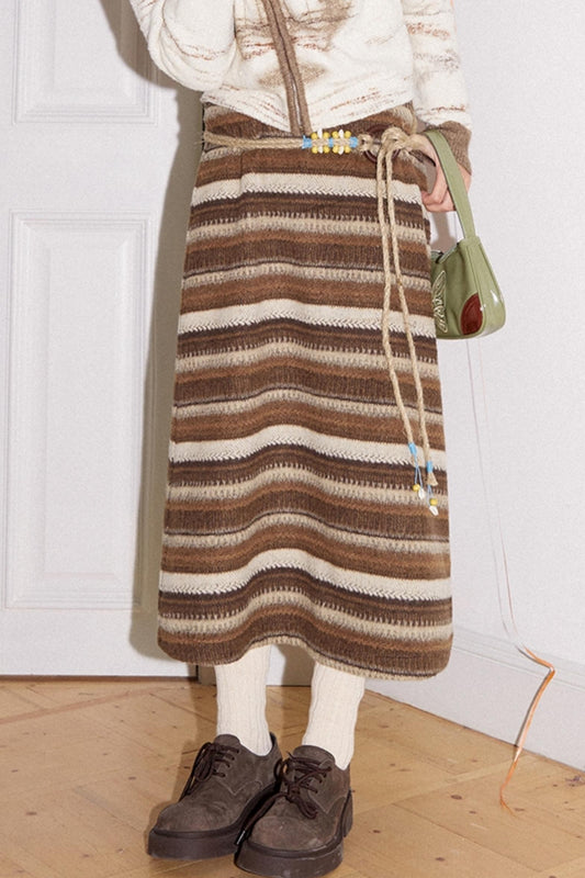 Retro Striped Wool A-Line Skirt