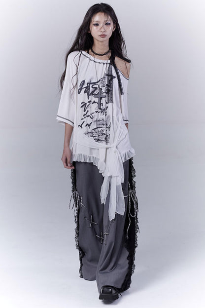 Gray Hollow Lace Fusion Casual Trousers