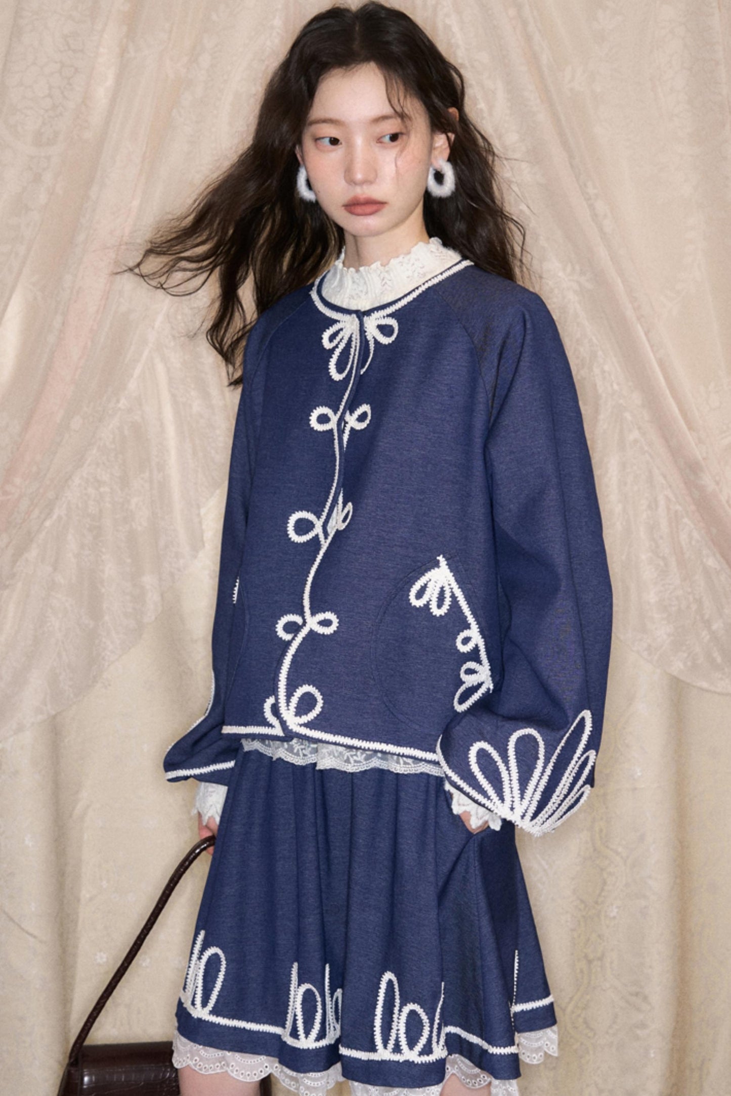 Vintage Embroidery Denim Cardigan Pants Set-Up