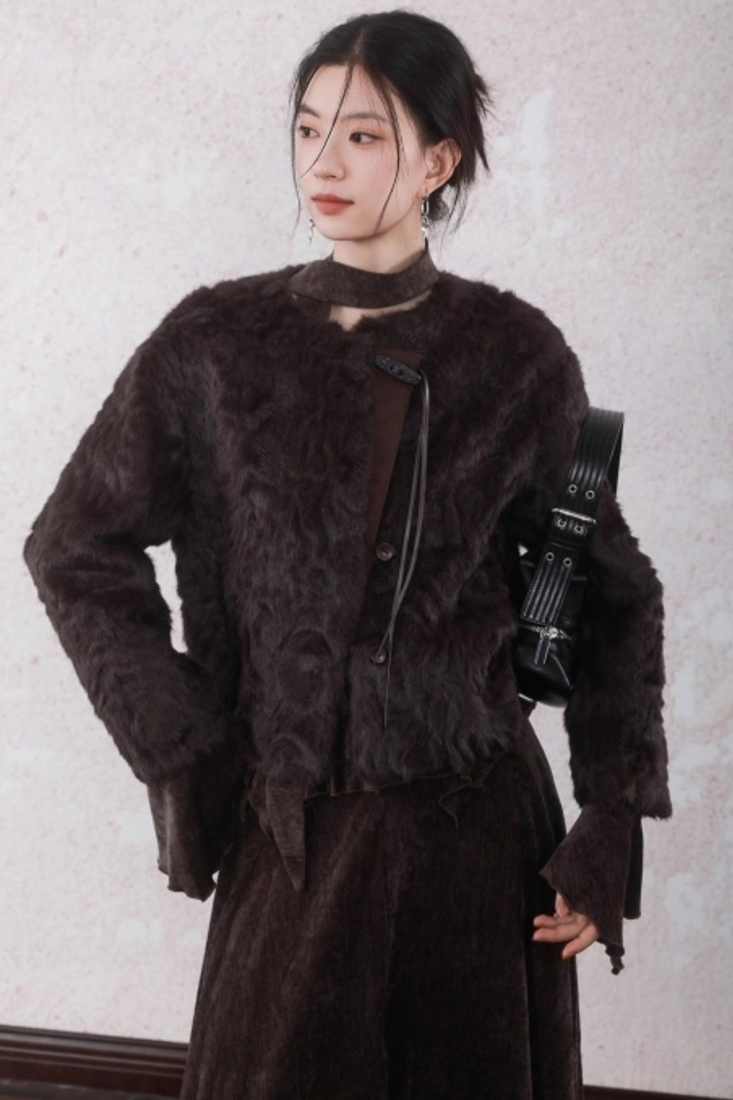 Curved Berry Brown Plush Jacket