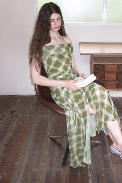 Mesh Check One-Shoulder Dress