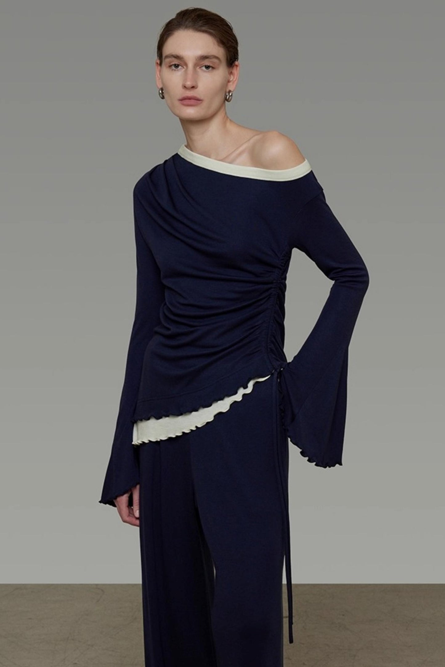 Autumn Slanted Shoulder Knit Slacks Set-Up