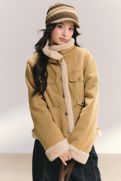 Denim Lace Trim Fur Coat