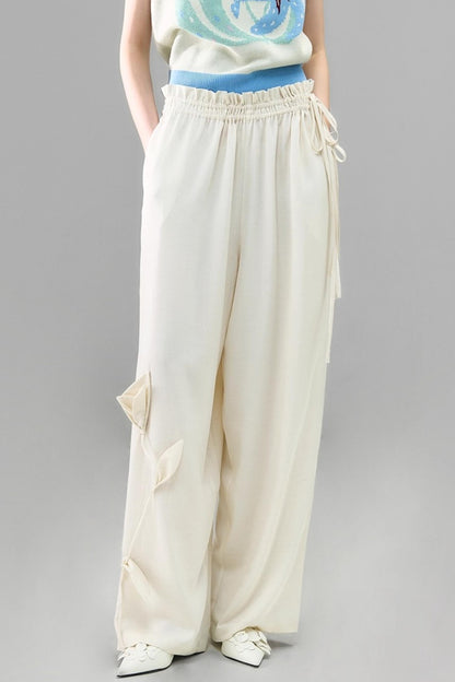Three-Dimensional Calla Lily Linen Blend Wide-Leg Pants