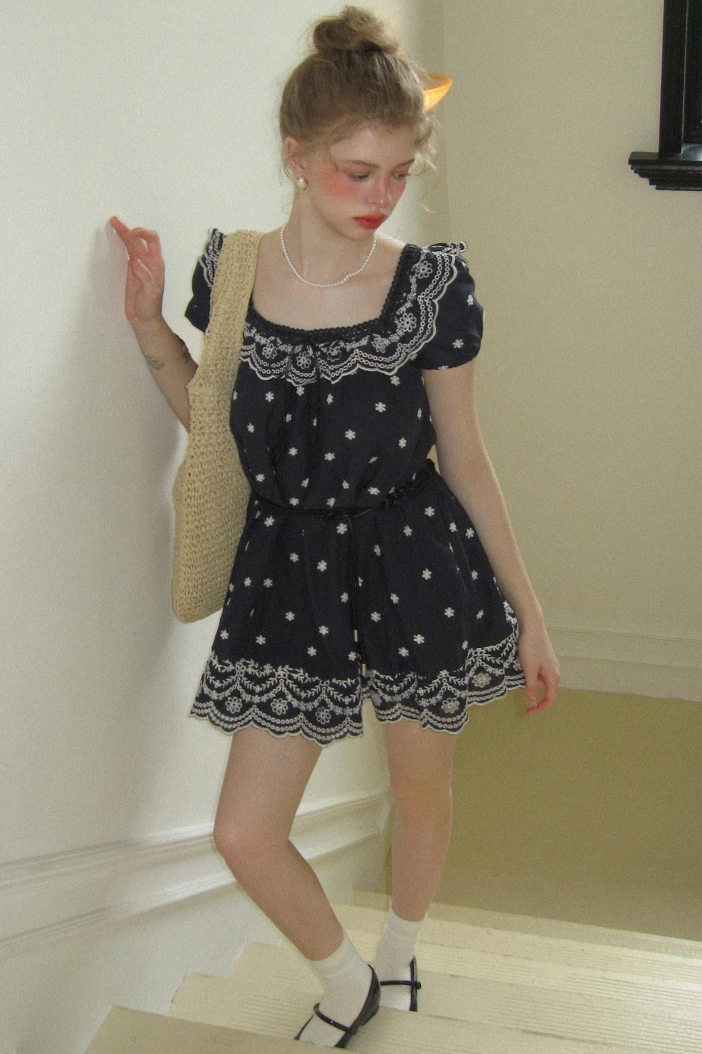 Nursery Blue Embroidered Puff Sleeve Dress