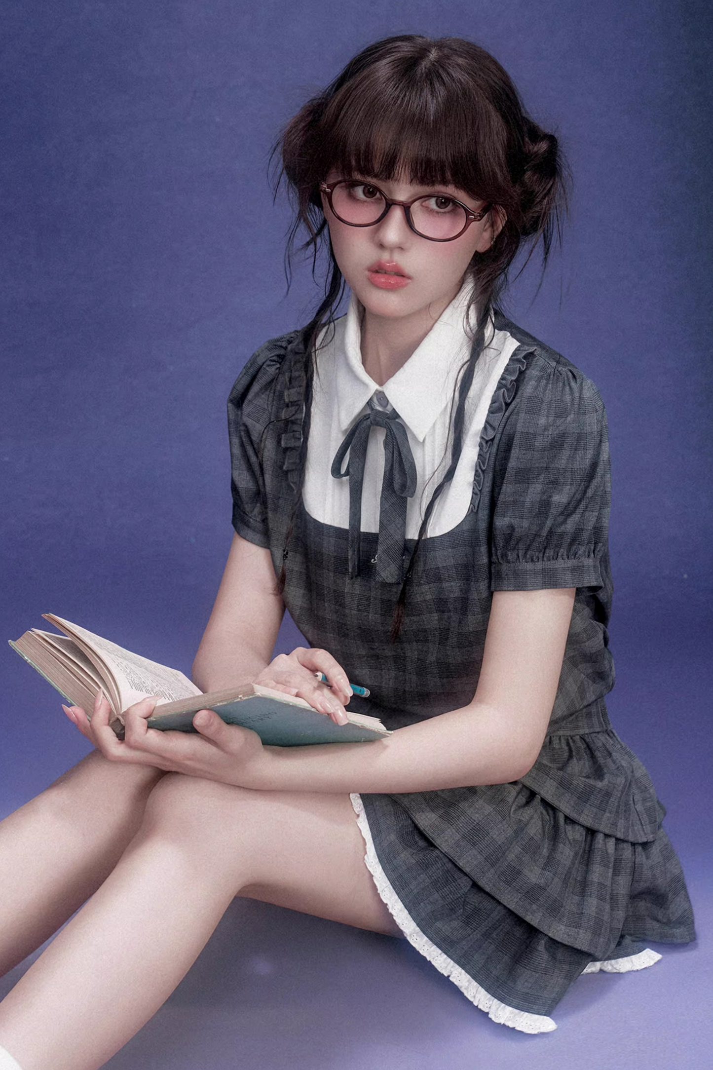 Gray Plaid College Dress Set-Up