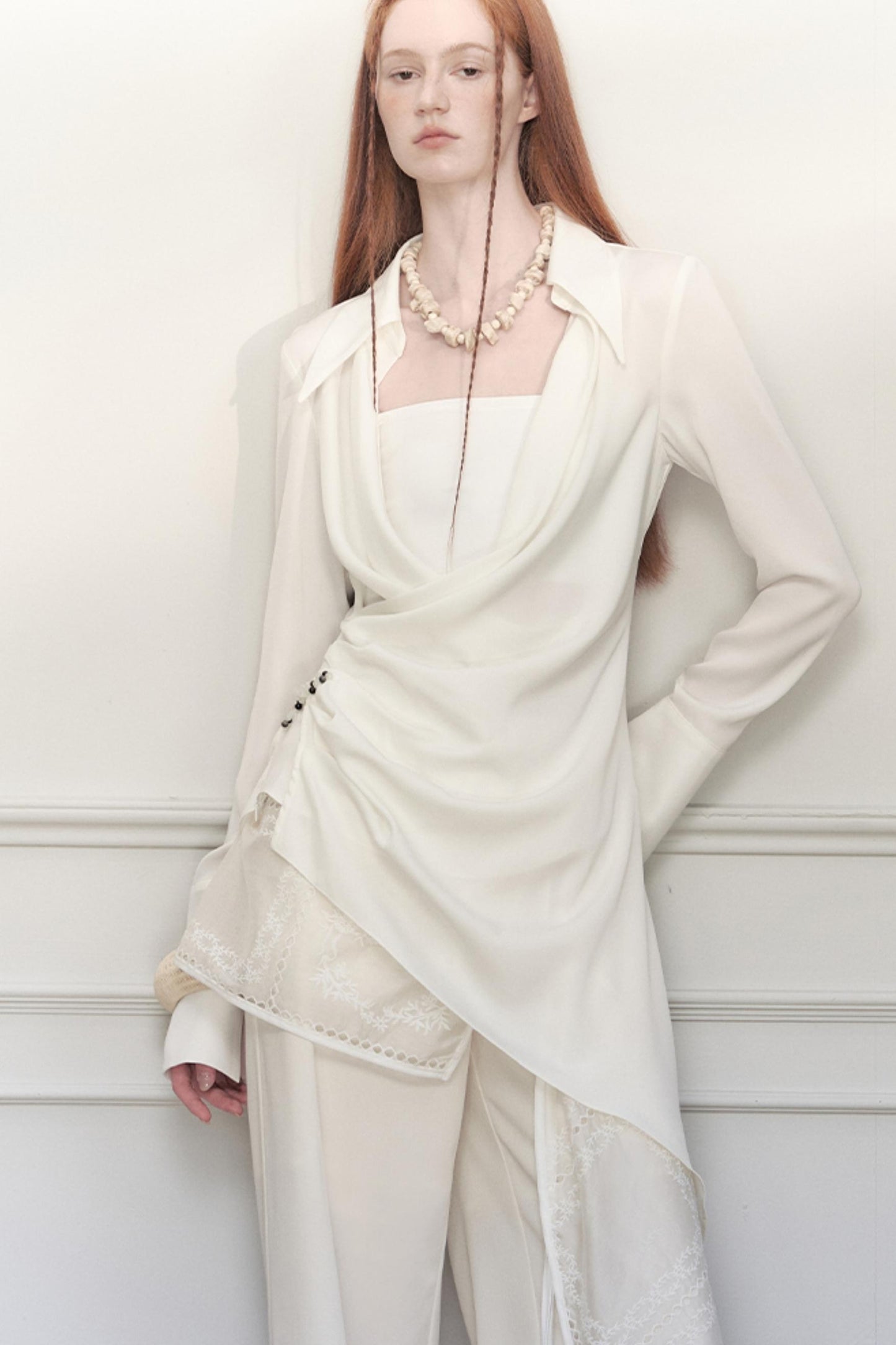 White Pleated Satin Blouse