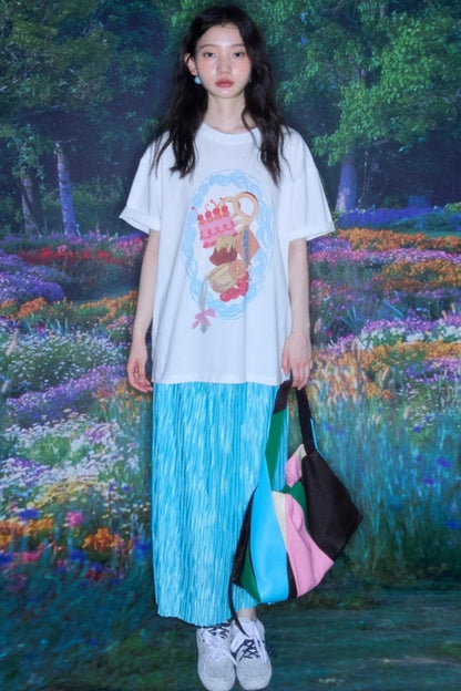 Original Design Glass Blue Elasticated Pleated Skirt