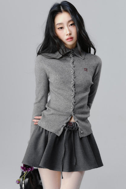 Gray Polo Neck Knitted Cardigan