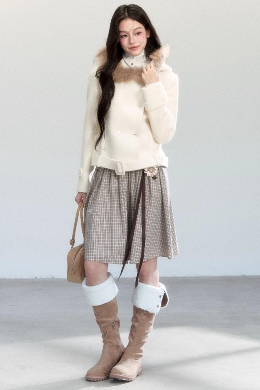 Fur Collar Slim Tweed Coat