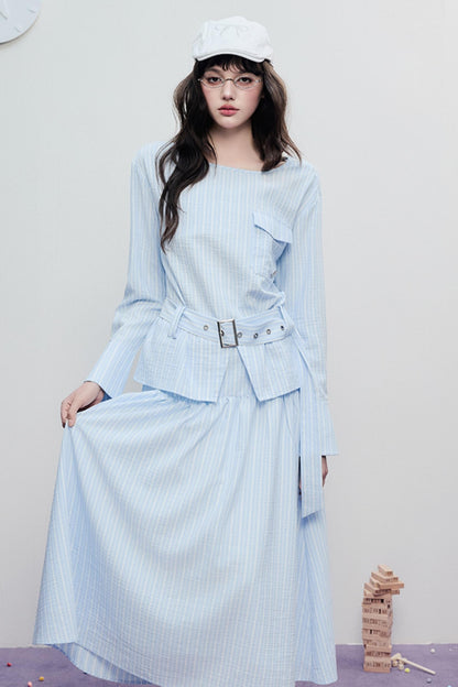 Airy Stripe Two Piece Skirt Set-Up