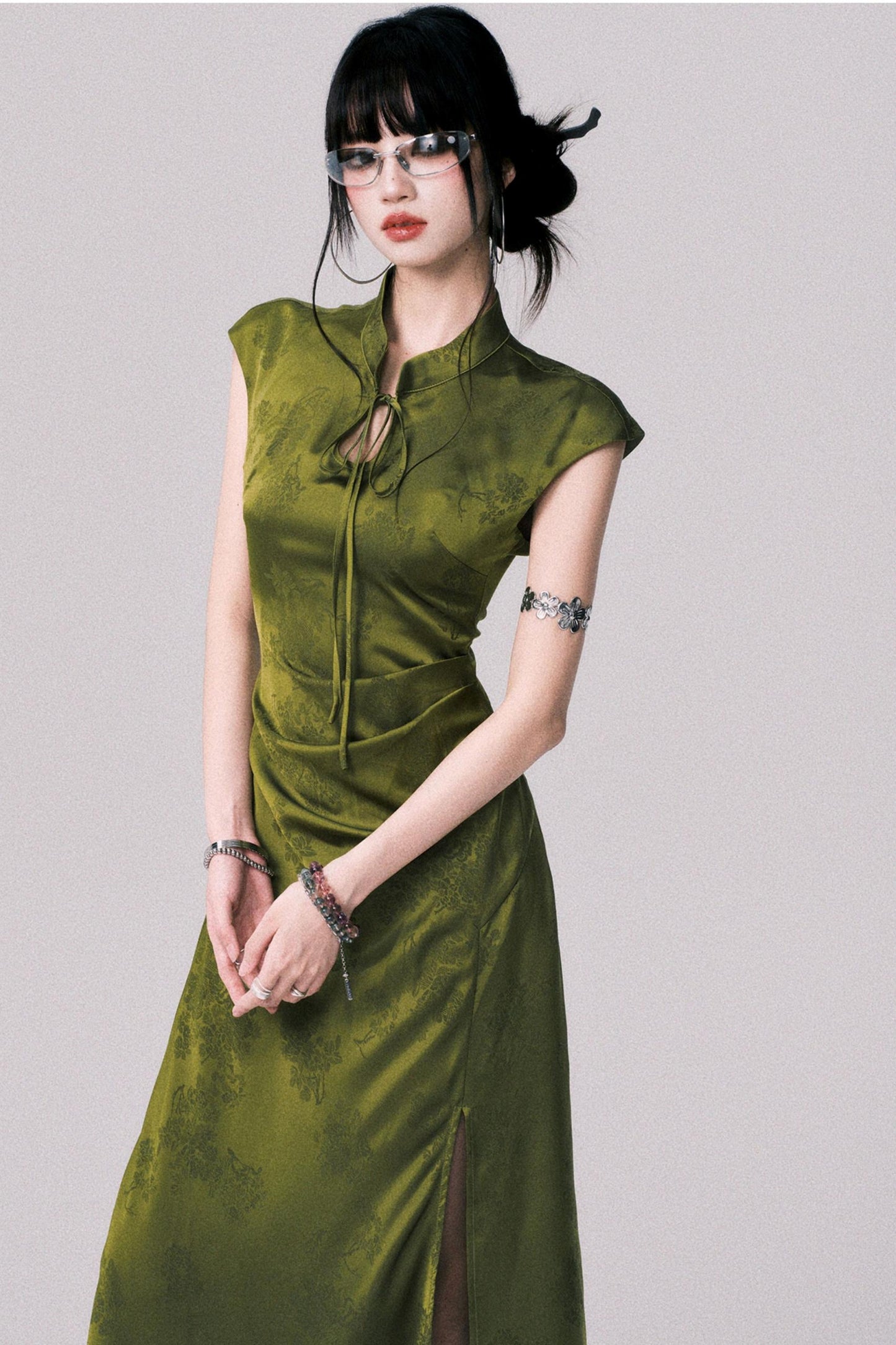 Vintage Moss Green Jacquard Cheongsam Dress