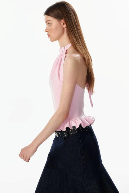 Ruffle Hem Halter Backless Top