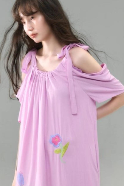Sweet Peach Nectar Linen Embroidery Dress
