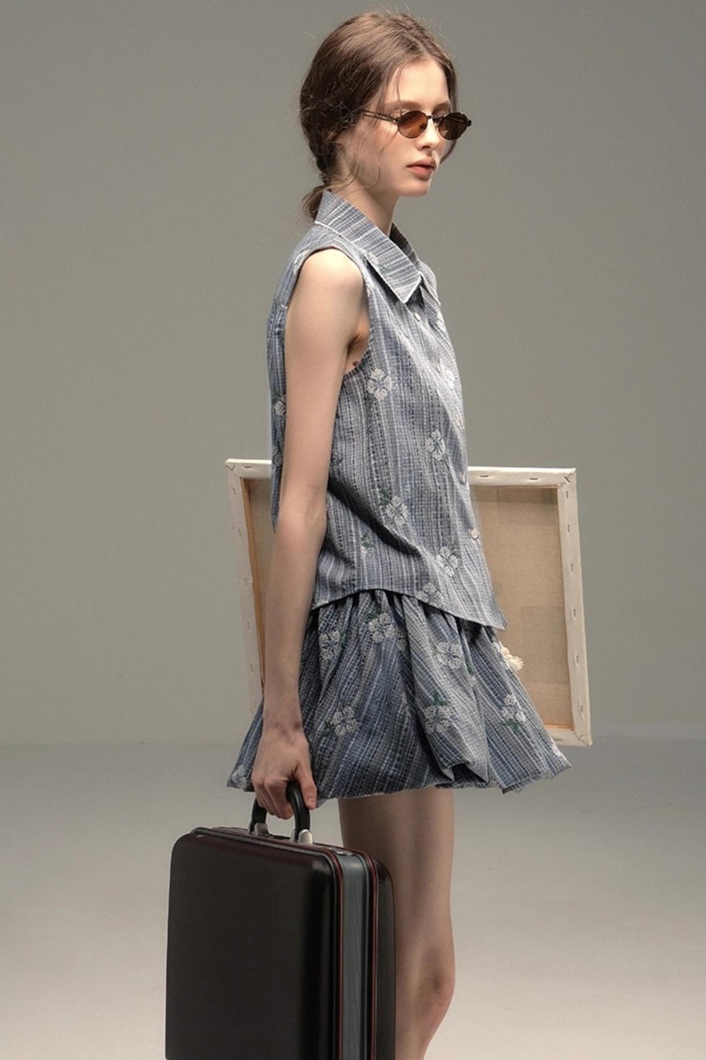 Flower Stitch Vest Skirt Set-Up