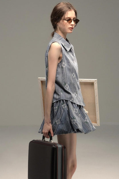 Flower Stitch Vest Skirt Set-Up