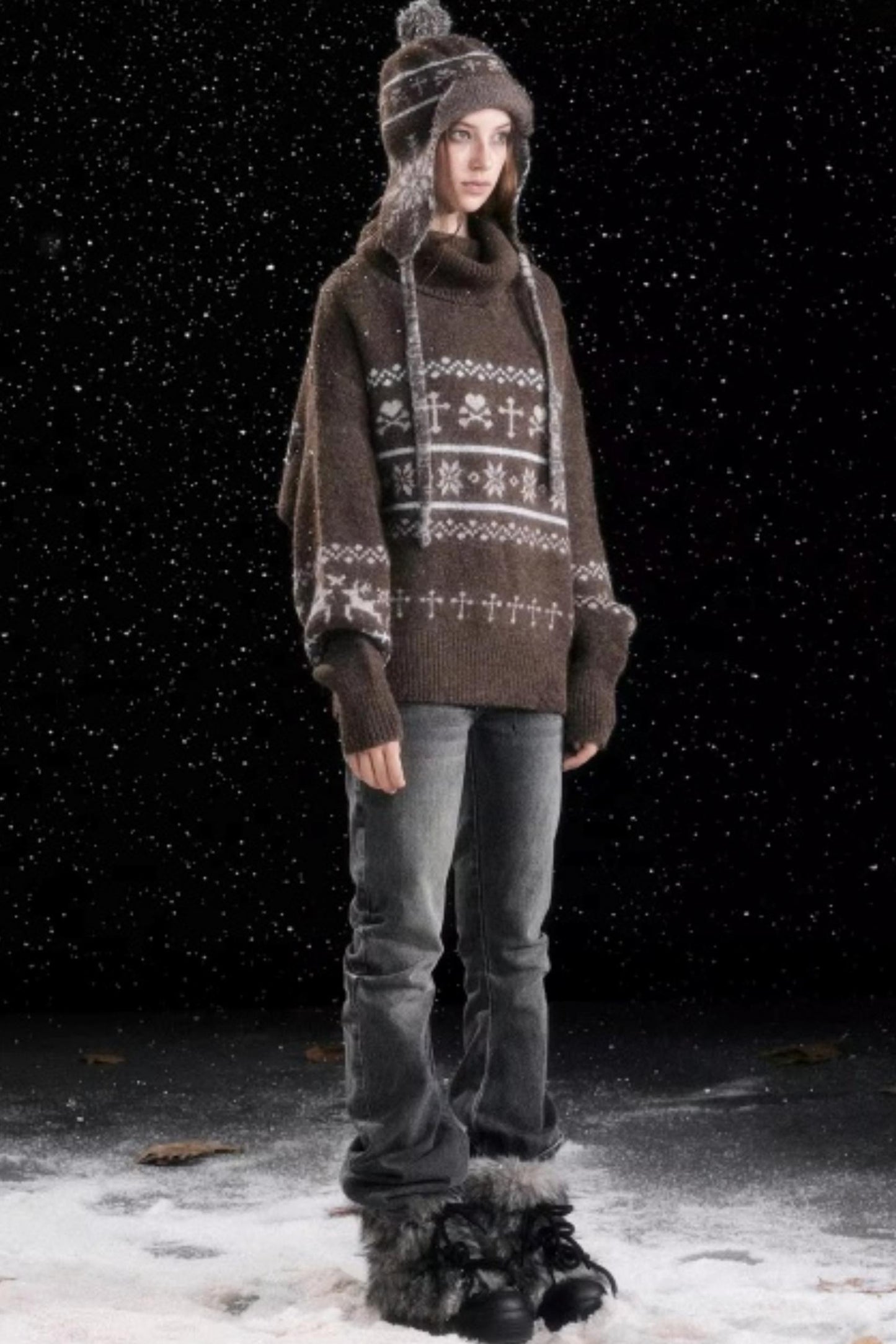 Knitted Snowflake Earflap Hat