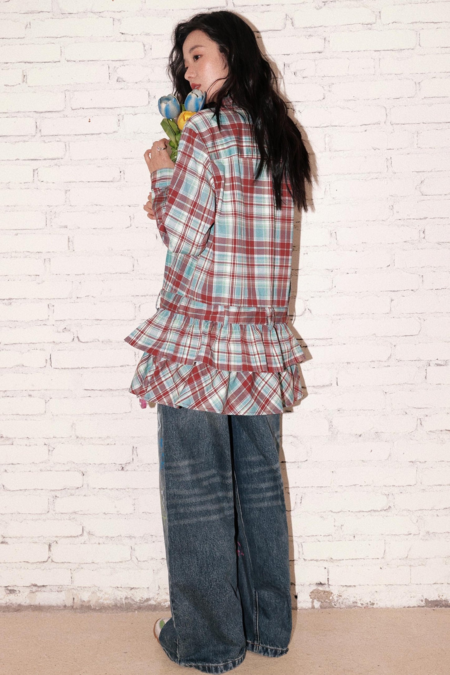 New Band Collar Plaid Dress