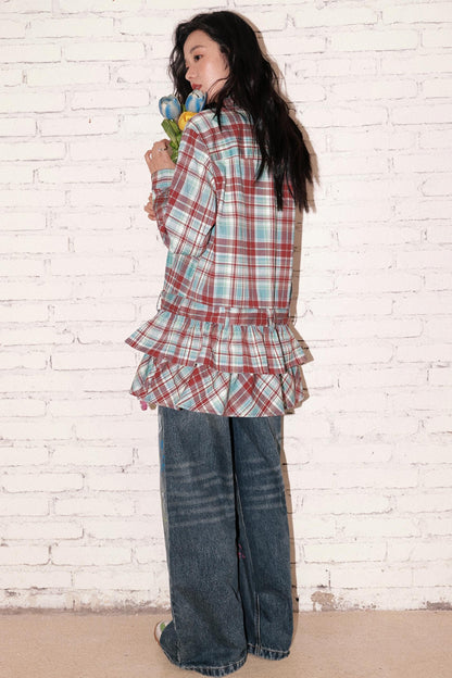 New Band Collar Plaid Dress