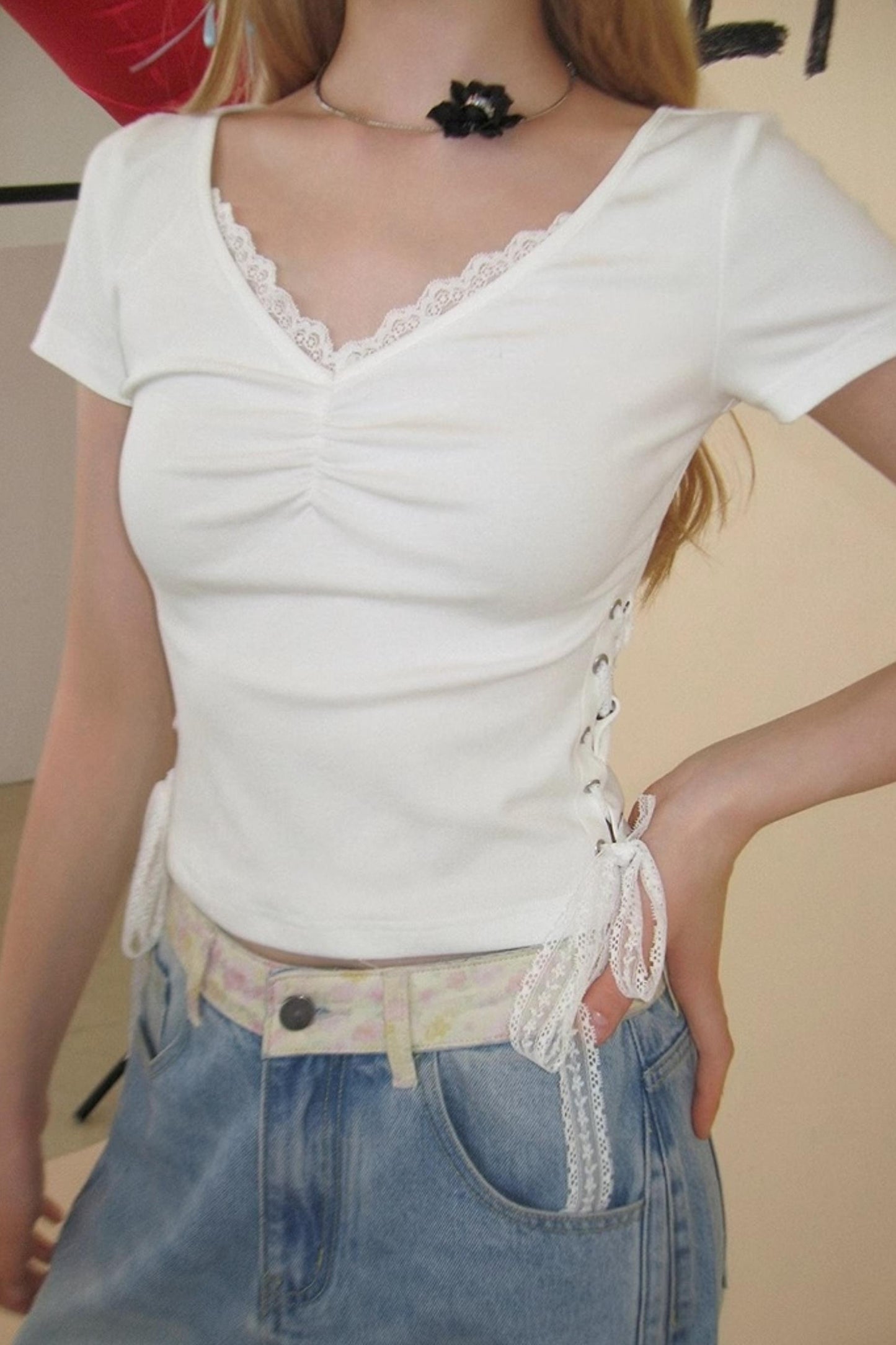Elegant V-Neck Pleated T-Shirt