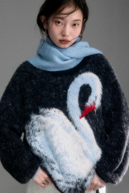 Moonlight Swan Faux Velvet Sweater