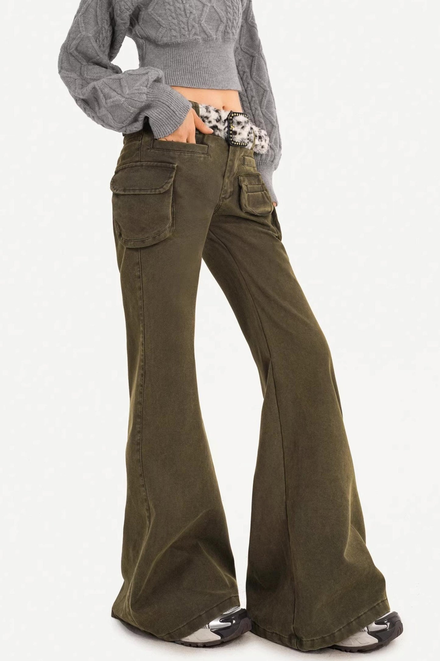 Retro Army Green Flared Pants