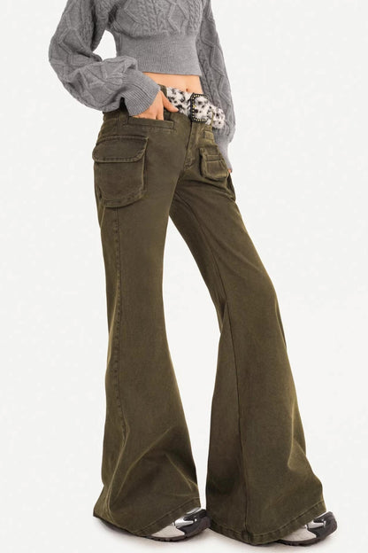 Retro Army Green Flared Pants