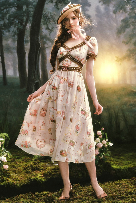 French Retro Lace Print Dress