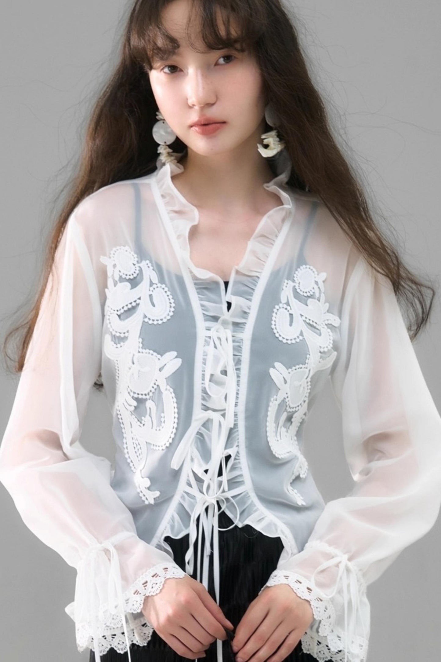 Autumn Lace-Up V-Neck Embroidered Shirt
