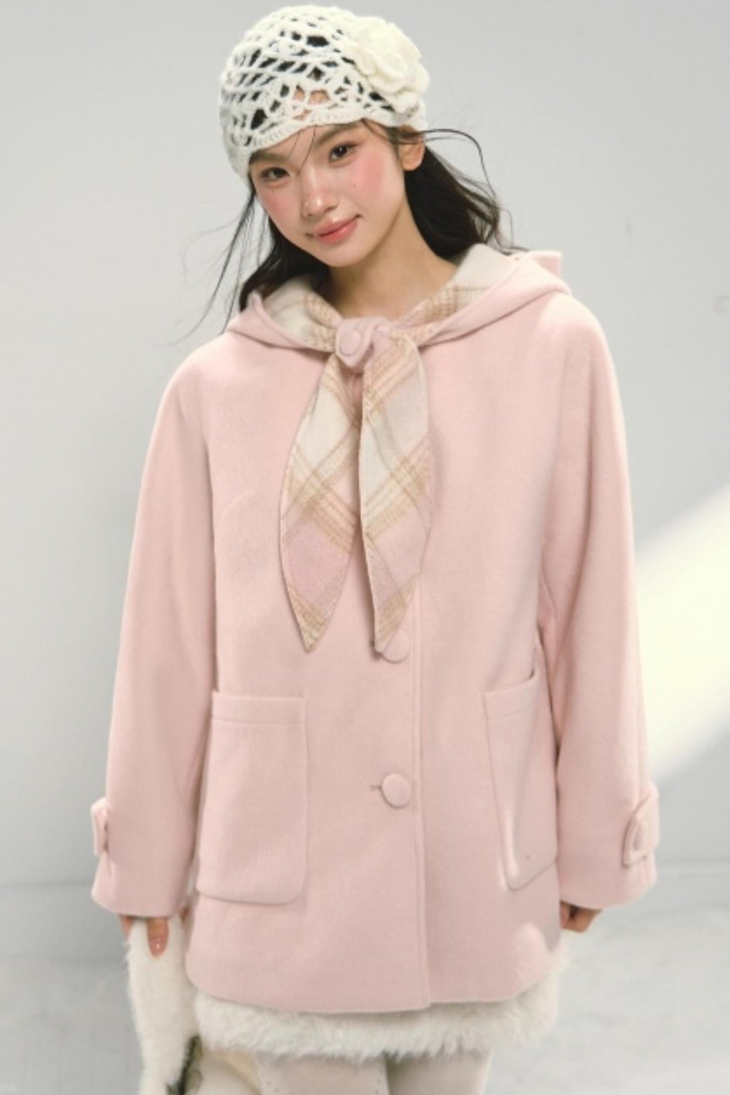 Pink Paneled Plaid Hooded Wool Coat