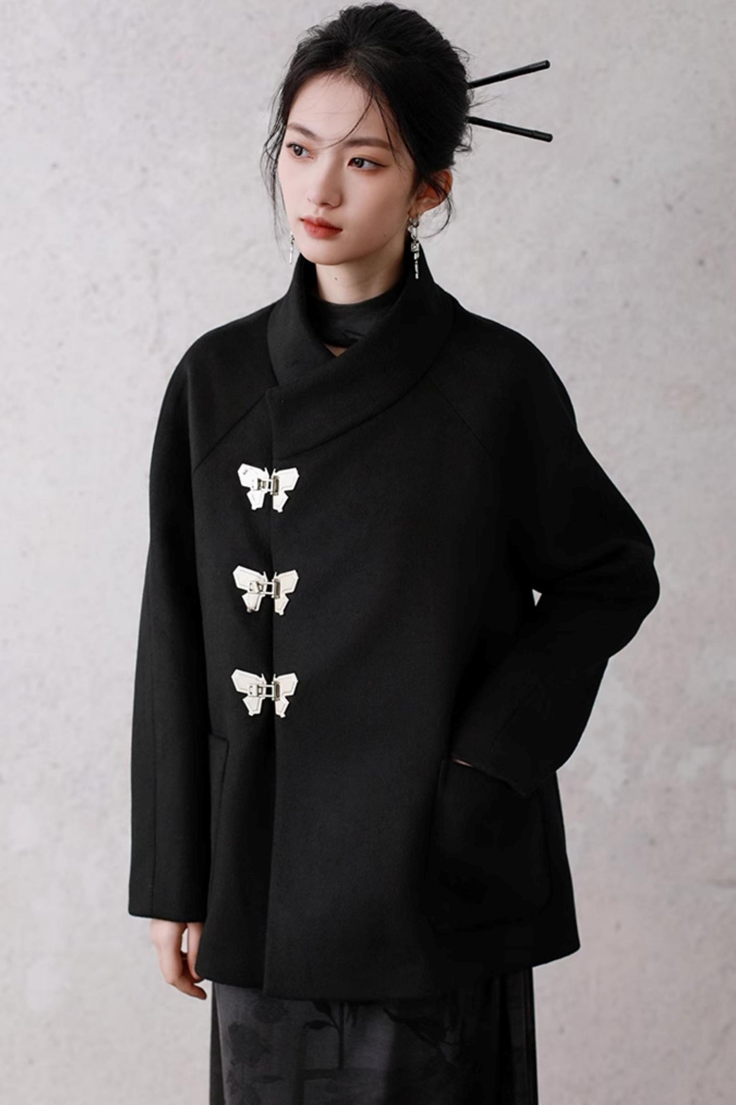 Black Woolen Butterfly Buckle Coat