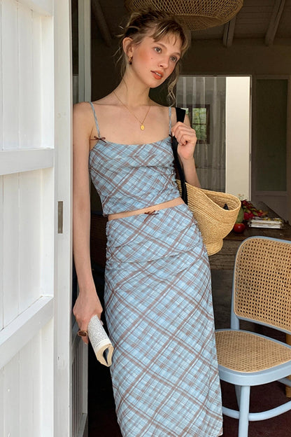 Vintage Checked Camisole Maxi Skirt Set-Up